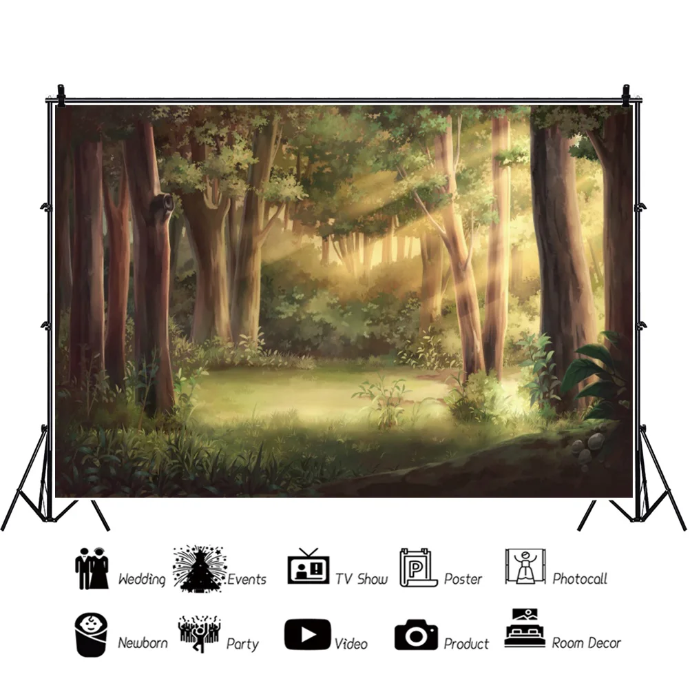 Laeacco-fondo fotográfico de cuento de hadas, telón de fondo con diseño de bosque verde, paisaje de luz solar, retrato de cumpleaños de bebé, decoración de habitación