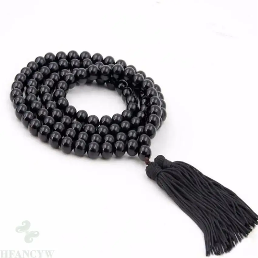 

8MM Black Agate Gemstone 108 Beads Tassels Mala Necklace fengshui Handmade Lucky Bless classic Healing Sutra Prayer