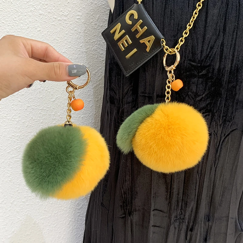 Fluffy Rex Rabbit fur keychain Cute Plush Sweet Tangerine Women\'s  Bag Toys Trinket orange Pendant Upscale metal Car Key Ring