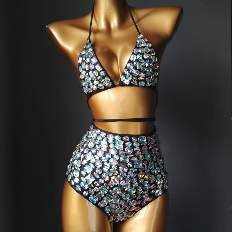 Sexy Stage Crystal Bra High Waist Shorts Bikini Set for Nightclub Women DJ Dancer Pole Dancing Performance Costume Club Party