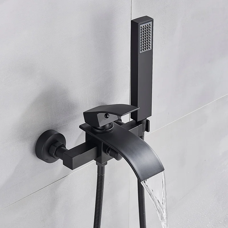 Goud Zwart Bad Kraan Waterval Douchekraan Wandmontage Warm Koud Water Mengkraan Voor Badkamer Chroom Bad Douche Set Systeem