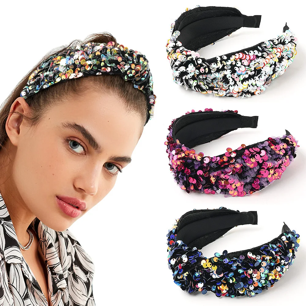 Hair Accessories Wide Shiny Fish Scale Sequins Hairbands For Woman Braided Headband Hair Hoop Fashion Hair Bands Bezel Headdress