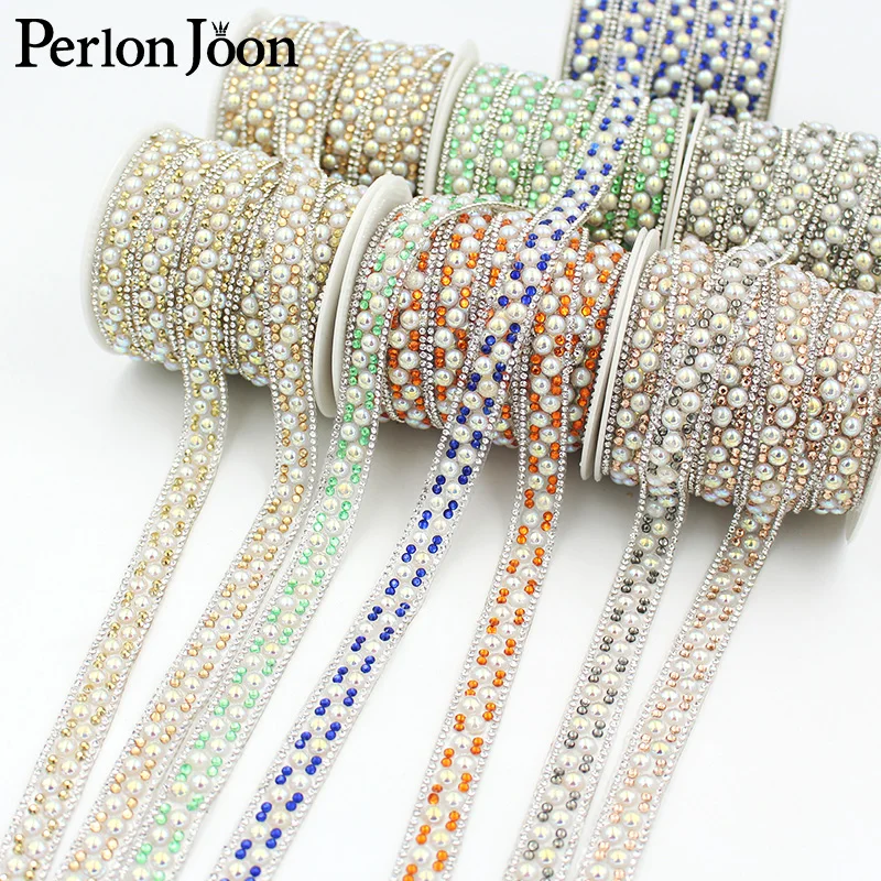 1 yard hot fix color crystal and pearl arranged rhinestone trims ribbon tape, ironed on shoes, clothing accessories decoration