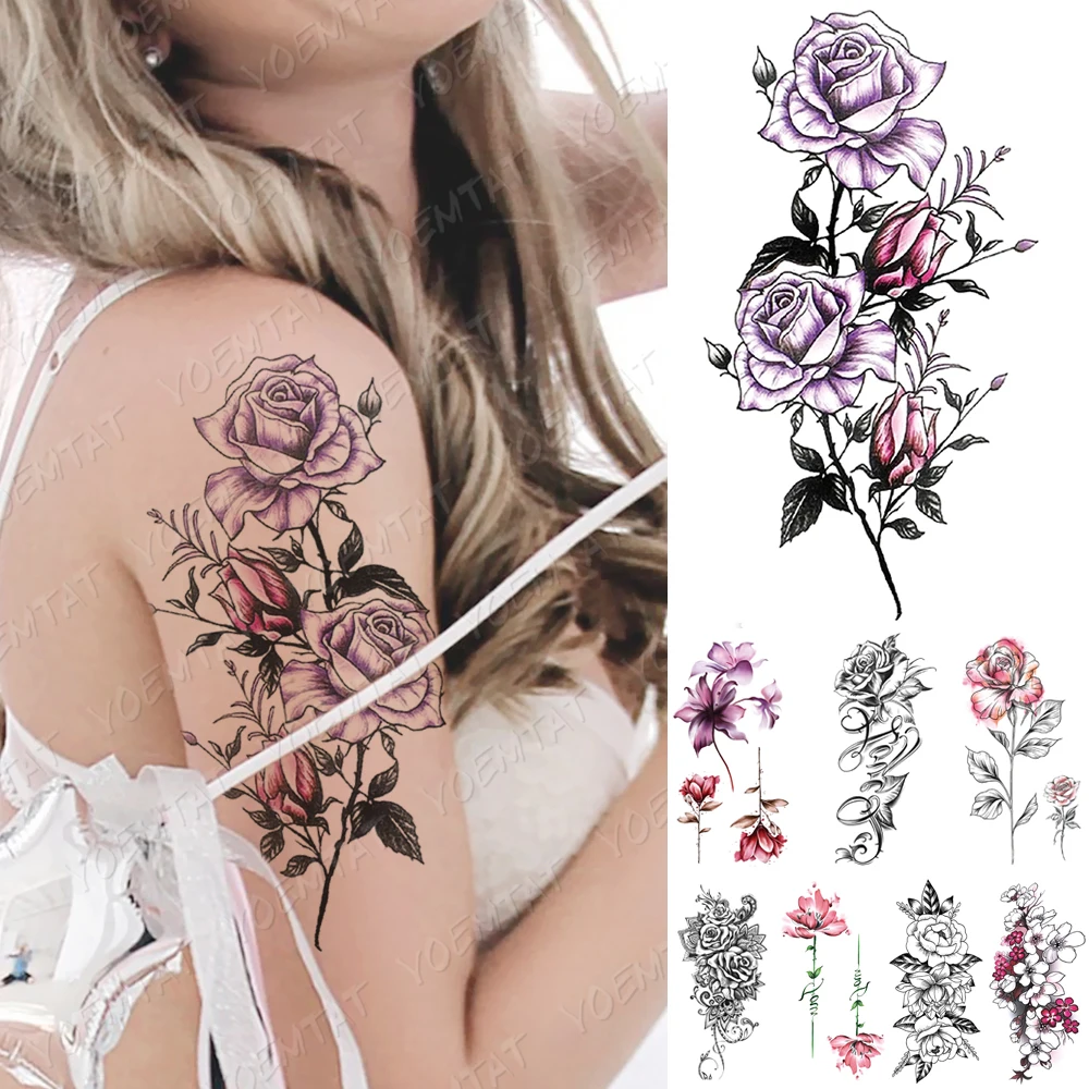 

Waterproof Temporary Tattoo Sticker Rose Flower Lotus Henna Flash Tattoos Plum Lily Body Art Arm Fake Sleeve Tatoo Women Men