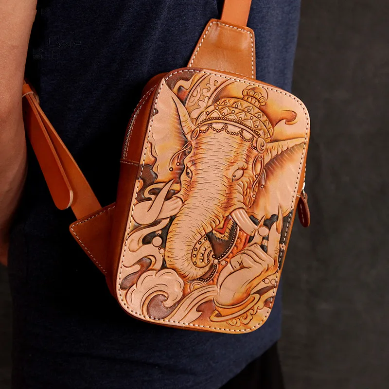 

Handmade Top layer Leather Women Vegetable Tanned Leather Shoulder Bag Cowhide Hand-carved Elephant God Handbag