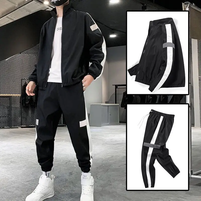 Men Sportswear Set Spring Autumn Hoodies Set Men\'s Tracksuit Patchwork Hip Hop Jacket+Pants Male Casual Two Pieces Track Suit