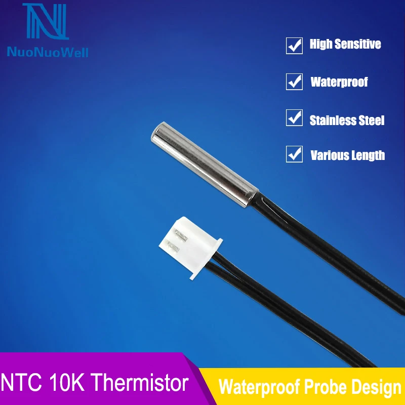 NTC 0.5/1/2/3/5M Length Waterproof Temperature Sensor XH2.54 2P Plug Terminal 10K Cable For Computer Refrigerator Probe