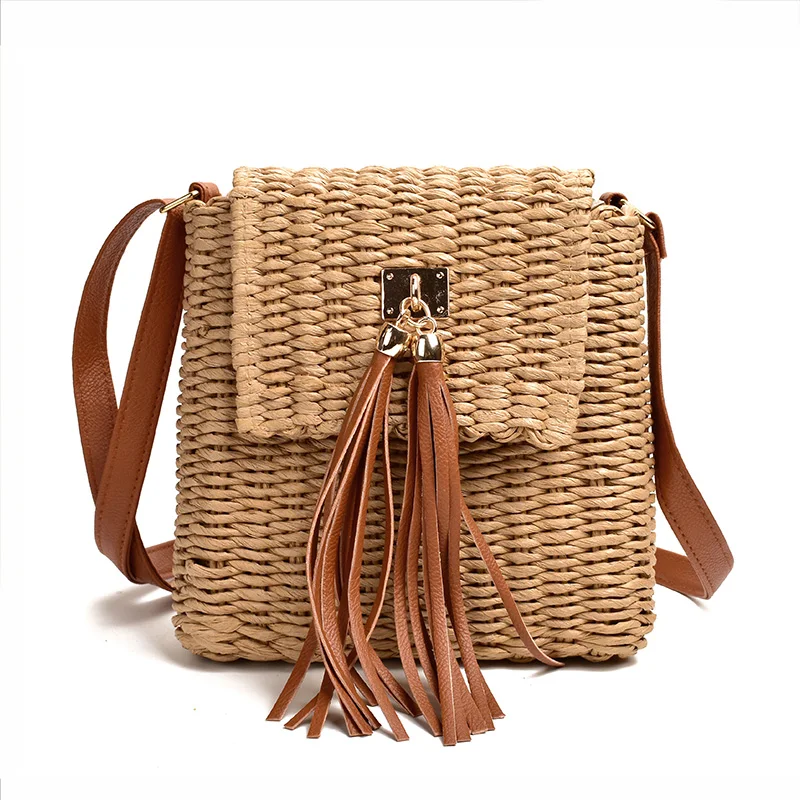 Women's Summer Straw Bag Paper Rope Cross-body bag Tassel Bell Bag Beach Messenger Bag