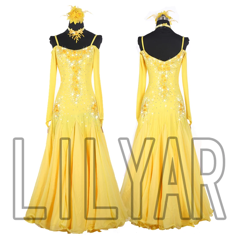 Ballroom Skirt Standard Competition Show Custom New Adult Yellow Embroidery Dress