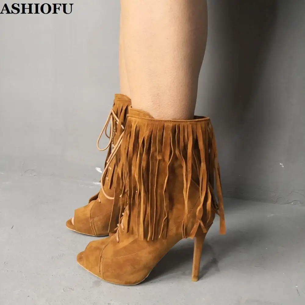 

ASHIOFU New Handmade Ladies High Heels Boots Fringed&Tassel Peep-toe Autumn Ankle Boots Large Size Evening Fashion Party Shoes