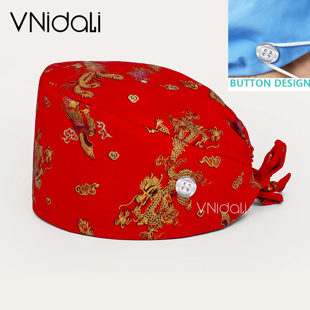 Scrub Cap Met Knop Cartoon Afdrukken Tandarts Werken Cap Schoonheidssalon Scrubs Cap Verpleegkundige Hoed Pet Shop Scrub Hoeden Voor vrouwen