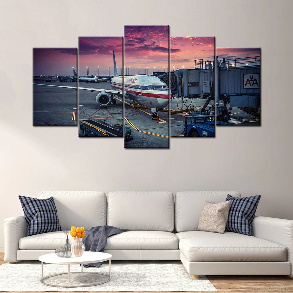 Sunset American Airlines Aeroplane at Airport 5 Piece Modern Canvas Paintings Wall Art Picture For Home Decoration