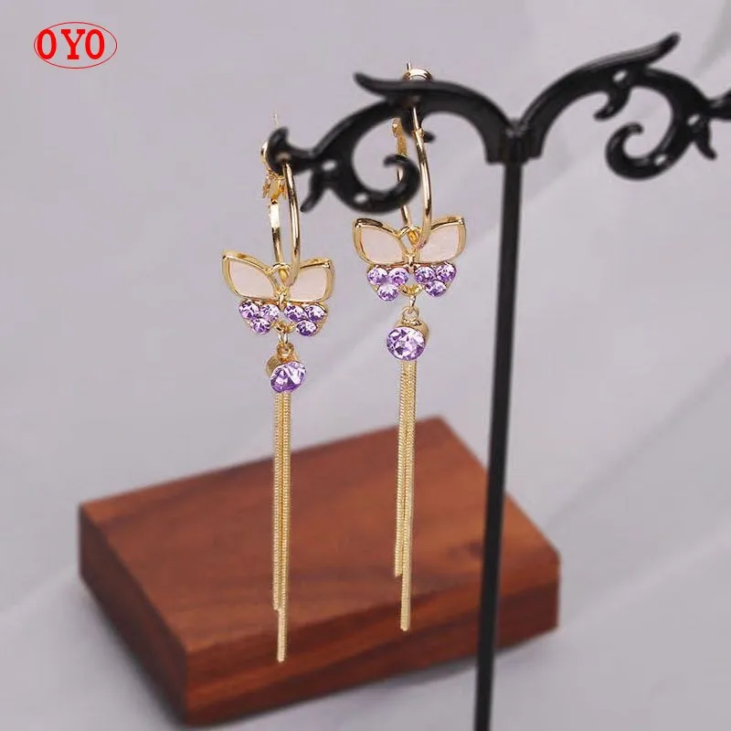 

s925 silver Korean temperament shell butterfly long tassel purple earrings