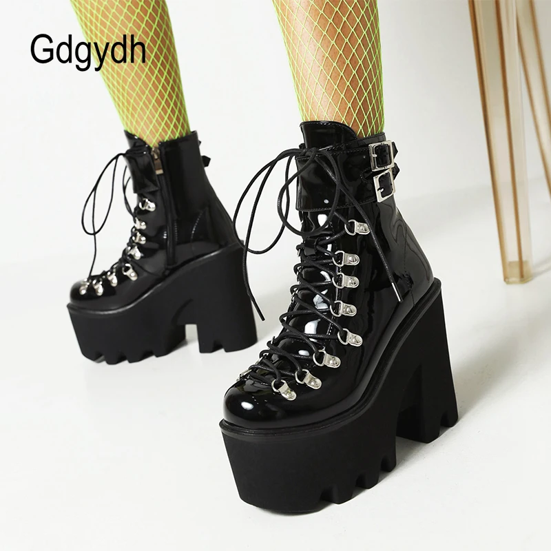 Gdgydh Belt Buckle Strap Ankle Boots Women Waterproof Platform Thick Bottom Too High Heels Boots Gothic Style Autumn And Winter