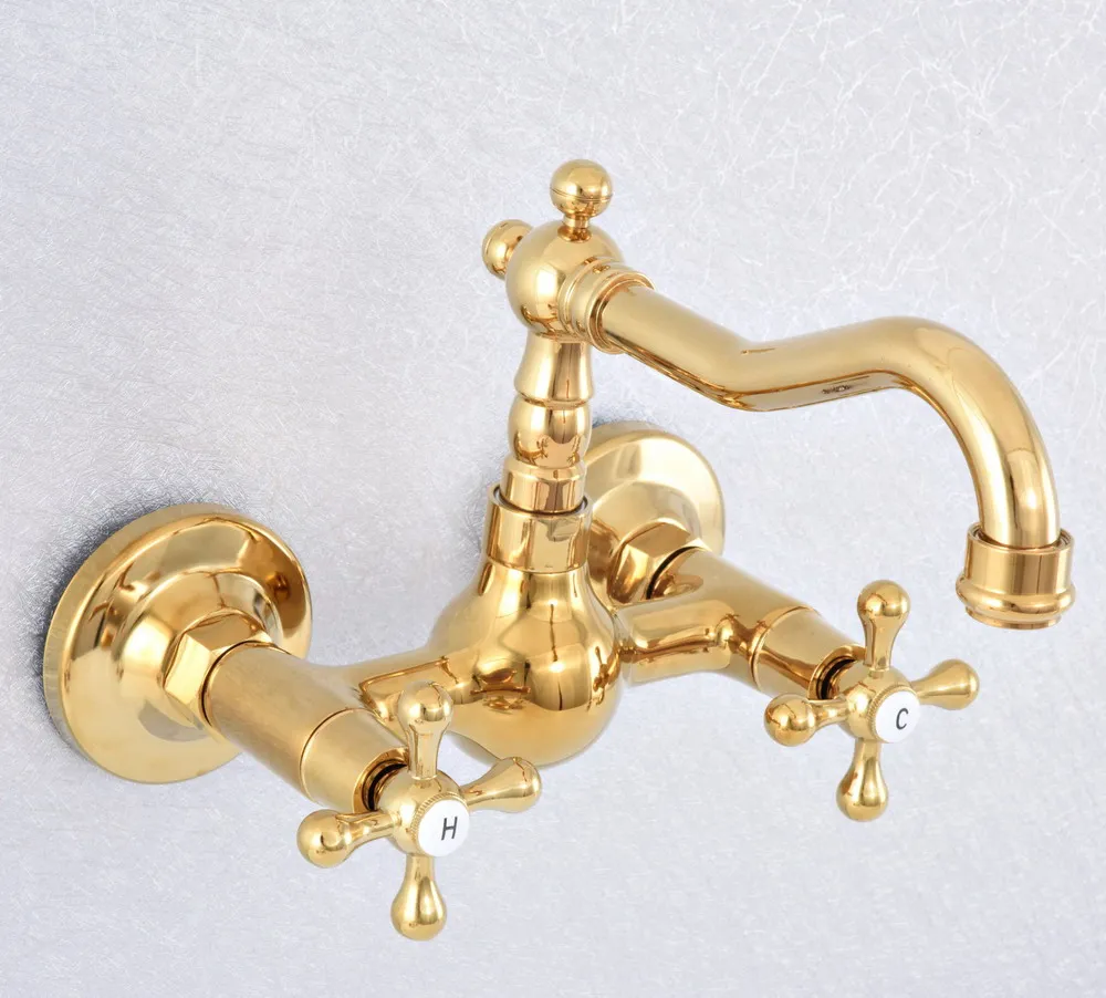 Polished Gold Color Brass Wall Mounted Double Cross Handles Bathroom Kitchen Sink Faucet Mixer Tap Swivel Spout asf617