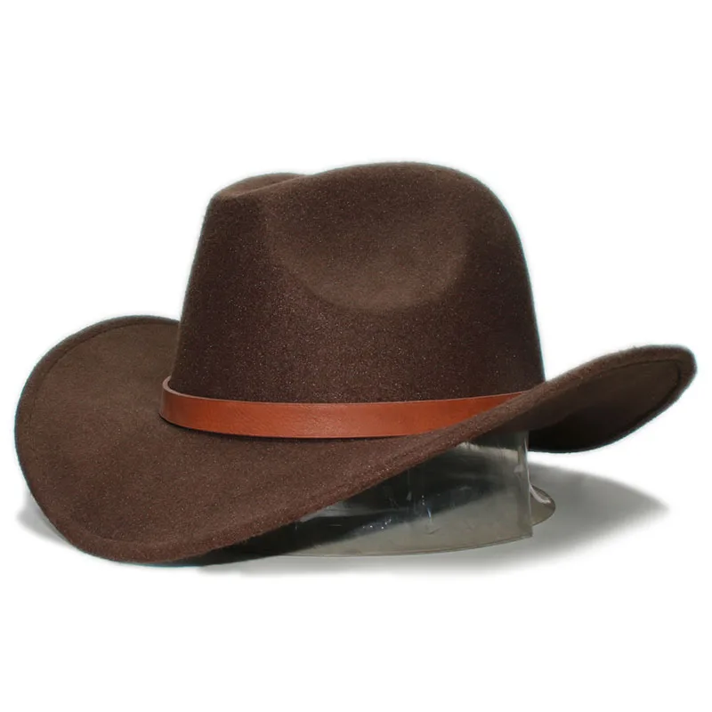 Retro Brown Leather Band Parent-child Unisex Adult / Kid Wool Wide Brim Cowboy Western Hat Cowgirl Bowler Cap (61cm/57cm/54cm