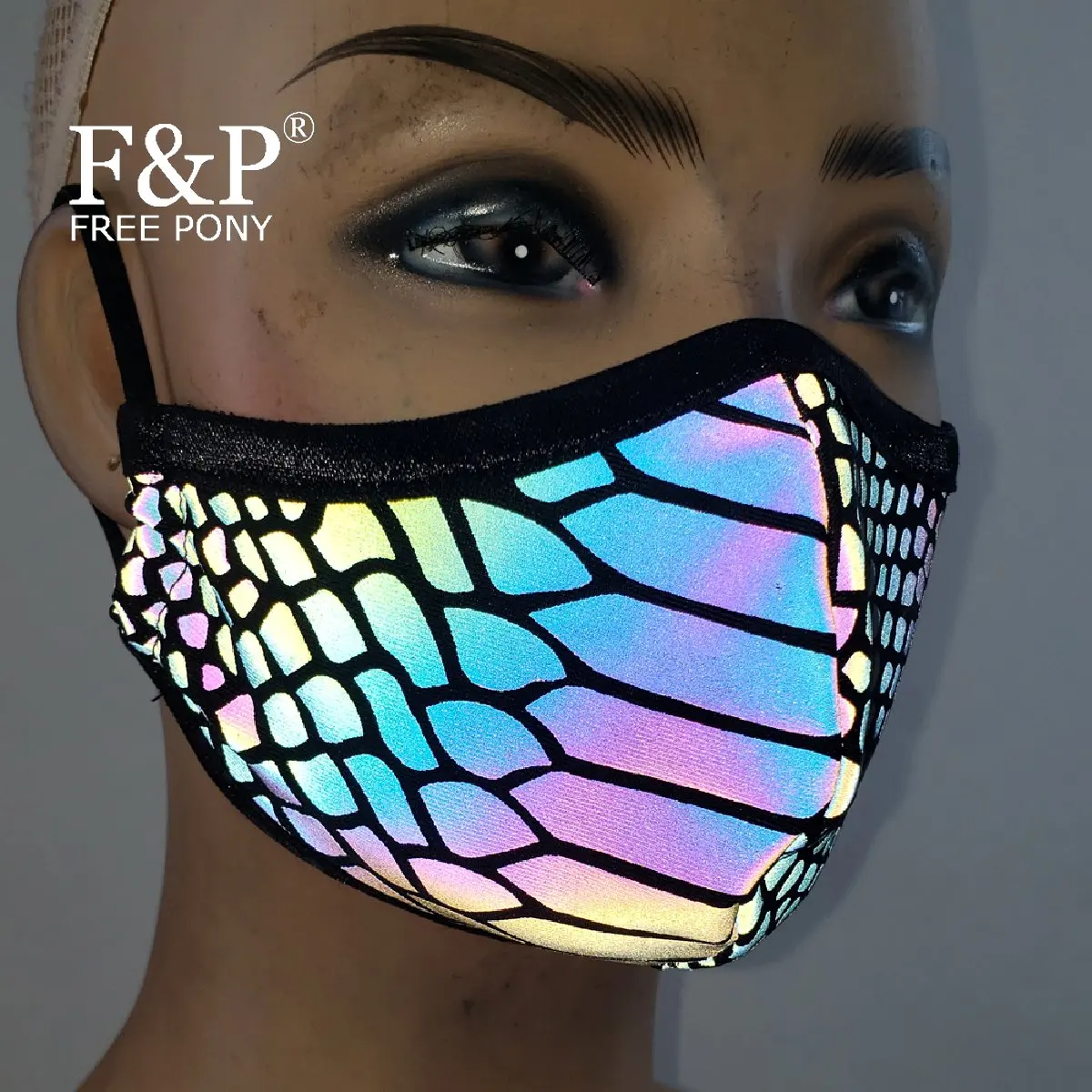 

Snakekin Rainbow Reflective Geometric Print EDM Dust-Mask Fux Leather Bandeau Burning Man Festival Rave Face Mask