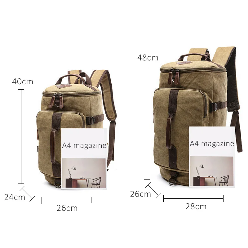 Men Large Capacity Cylinder Backpacks Canvas Luggage Shoulder Bags Duffle Travel Waterproof Solid Leather Casual Case