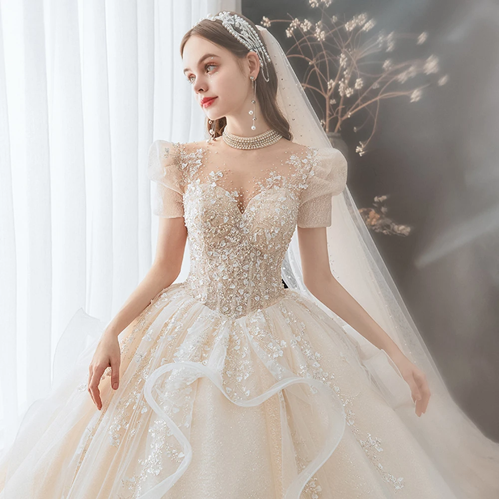 Robe De Soirée De Mariage Pearls High Neck Ball Gown Wedding Dresses Luxury Suknia Slubna Tulle Vintage Vestidos De Novia