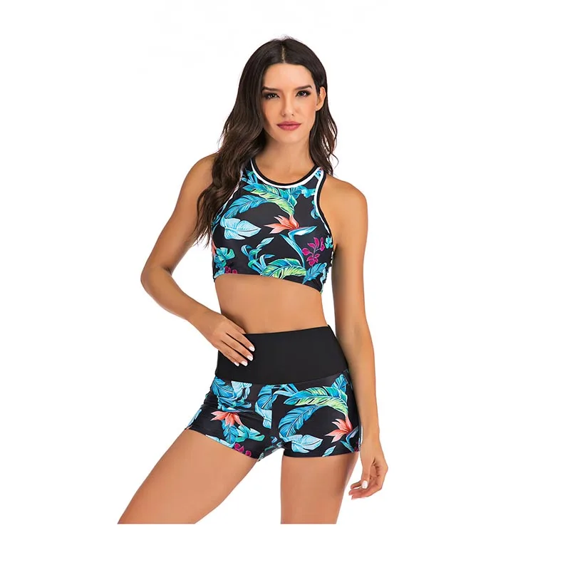 Bikini estampado para Mujer, traje de baño de estilo deportivo, pantalones cortos, de cintura alta Tankini, Top corto, ropa de playa