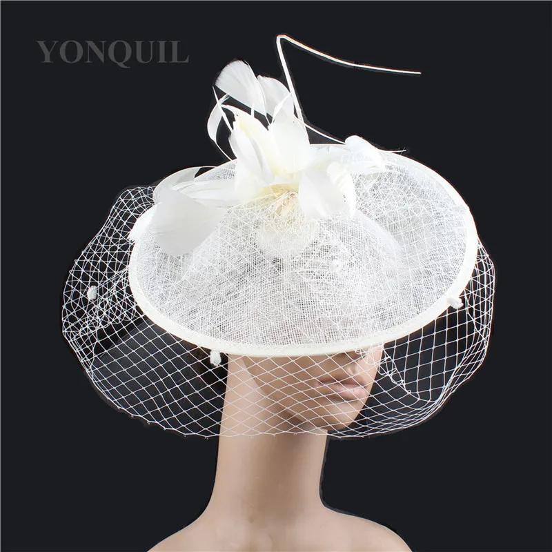 Big Wedding Fascinator Hats Elegant Women Ladies Feather Hair Fascinator Veils Dot Headpiece For Race New Year Chapeau Caps