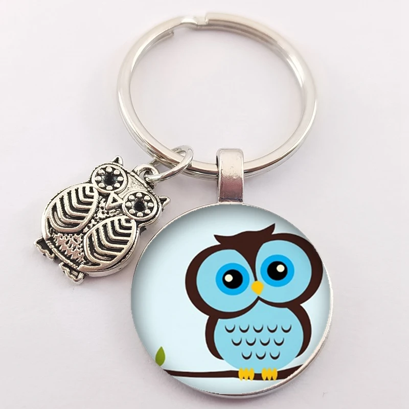 New cute cartoon owl key chain animal owl pattern key ring key ring chain holder glass convex round charm bag key chain