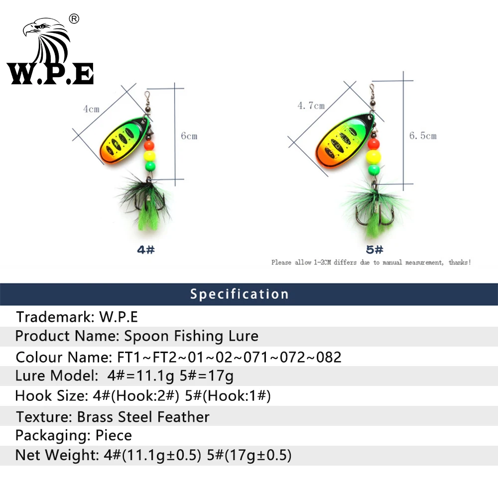 W. p. e.-isca giratória de metal para pesca, isca artificial com pena e colher, crankbait para lúcio, 11,1/16,9g, 1 parte