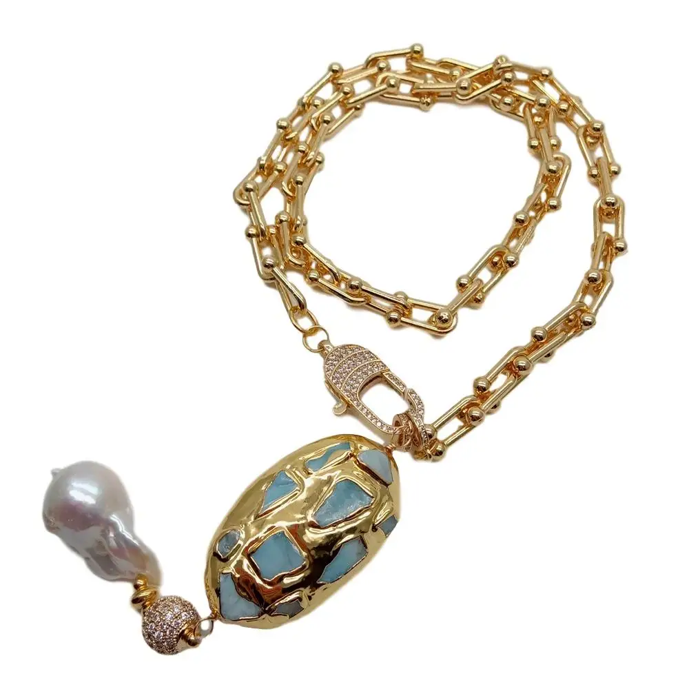 

Gold color Plated Chain statement Necklace natural Blue Larimar Freshwater White Keshi Pearl Pendant necklace for women