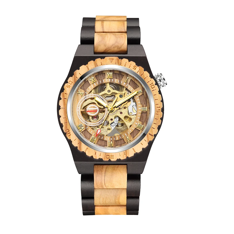 Wooden Mechanical Watch Men Automatic Steampunk Watch Mens Skeleton Watches Bronze Transparent Vintage Sport Wristwatch Male