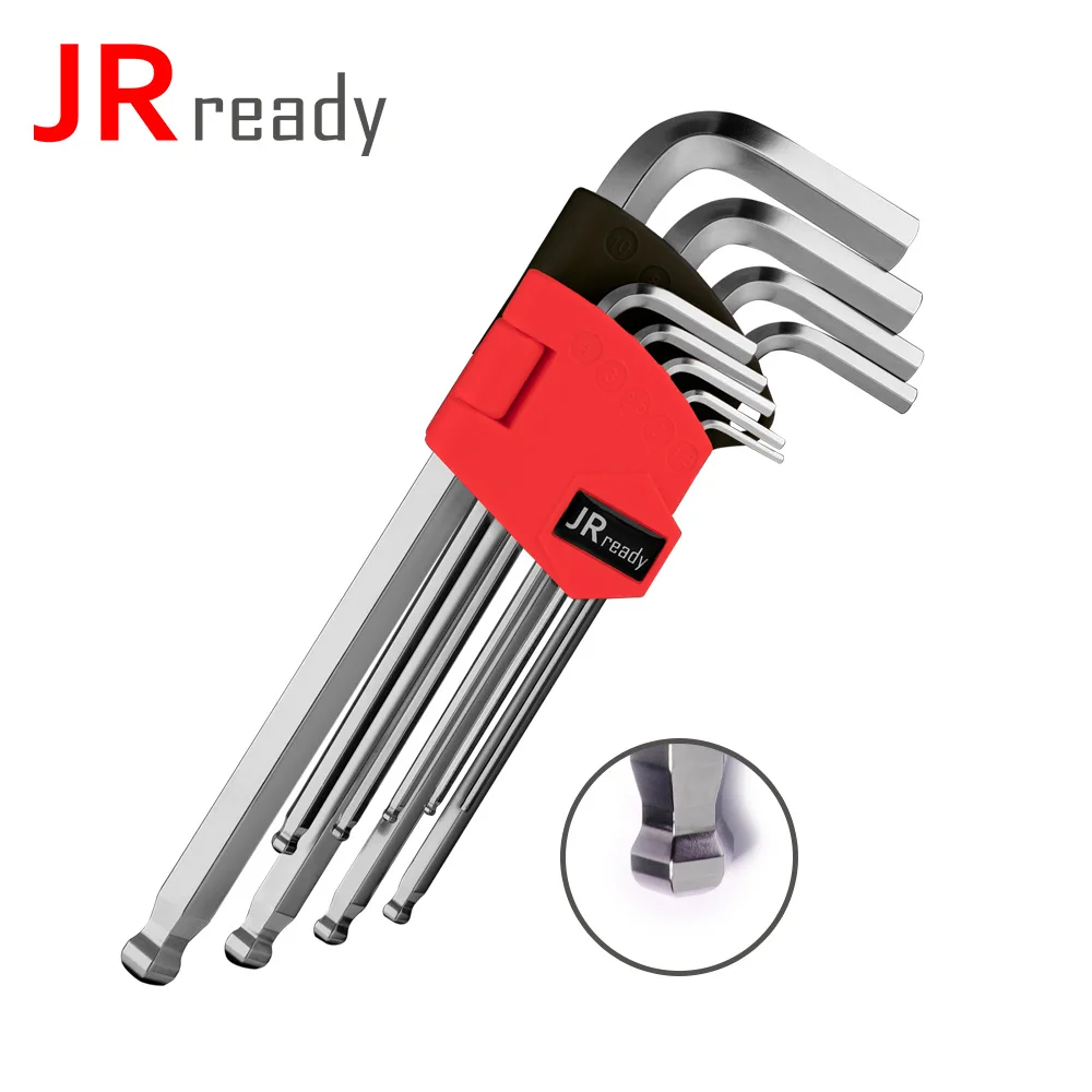 

JRready AW-M0910 S2 Alloy Steel 9PCS Metric Flat/Ball End Allen Hex Key L Wrench 1 Set