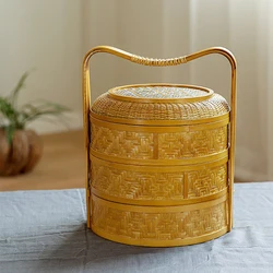 3 levels portable retro bamboo weave handheld basket for food cake dessert handmade tea set storage tray for home hotel teahouse