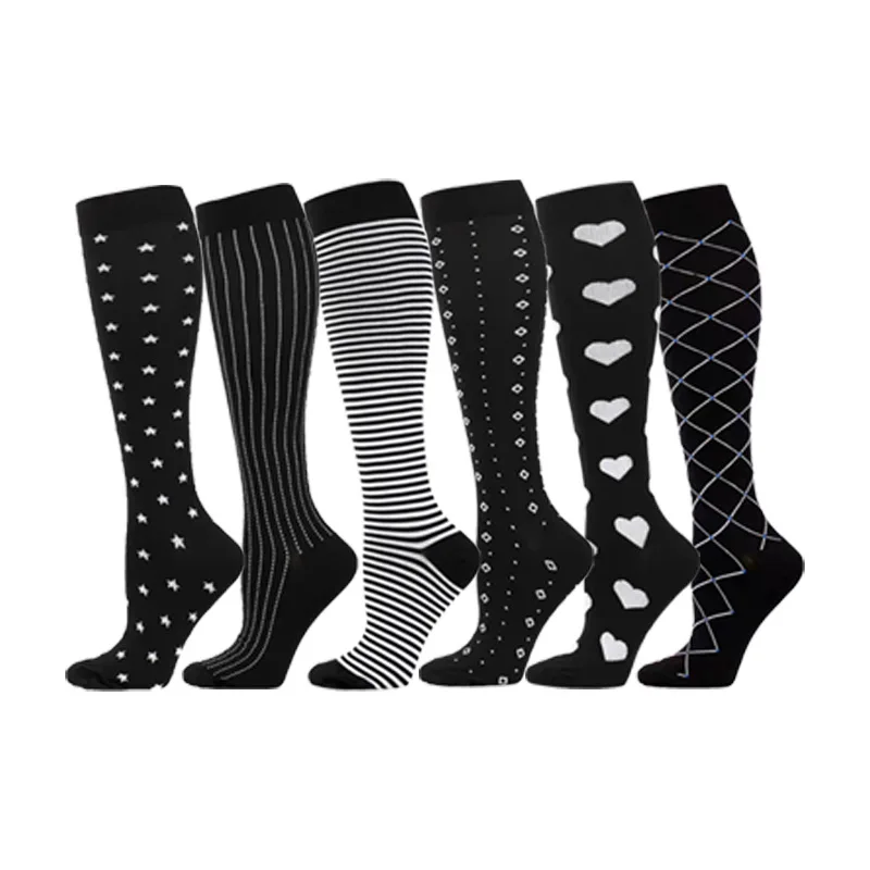 Long Tube Compression Socks Men Women Fitness Running Football Soccer Socks Black Knee High Sports Heart Dots Striped Stockings