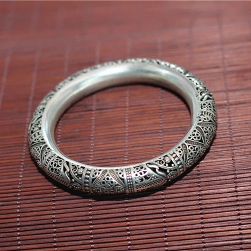Exquisite Chinese Handmade Miao Silver Carved Dragon Phoenix flower Bracelet Ethnic Style Hollow Round Men's Women's Bracelets