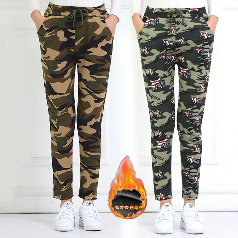 Autumn and winter elastic camouflage pants women's high waist Plush outdoor sports leisure pants military pants thickened large