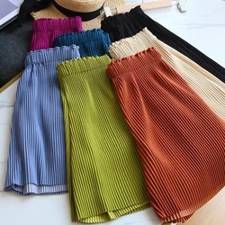 Women's Pleated Shorts Summer Casual High Waist Five-point Pants Ladies Ice Silk Wide-leg Pants Loose Thin Girls Gift Tide Skirt