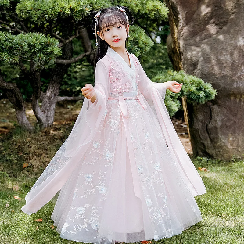 

Chinese Traditional Folk Dance Dress for Girls Fairy Embroidery Skirt Hanfu Streetwear Clothing
