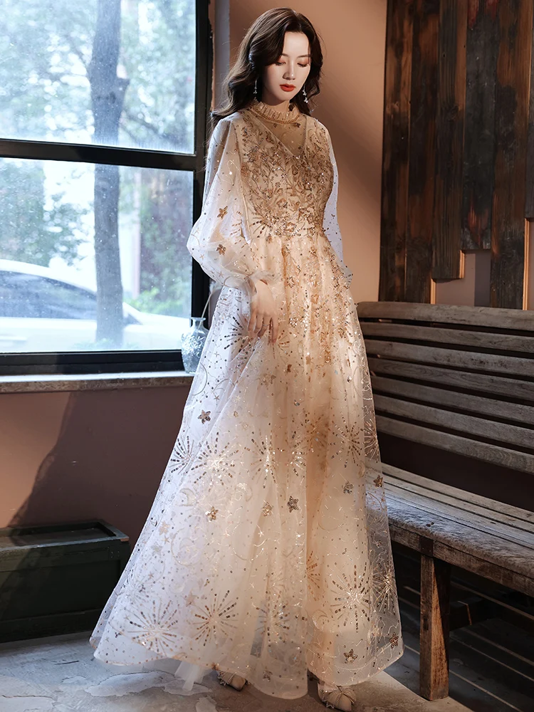 Gorgeous Champagne Evening Dress Stand Collar Full Sleeve Sequined Wedding Party Gown Women A-Line Slim Long Dress 2023