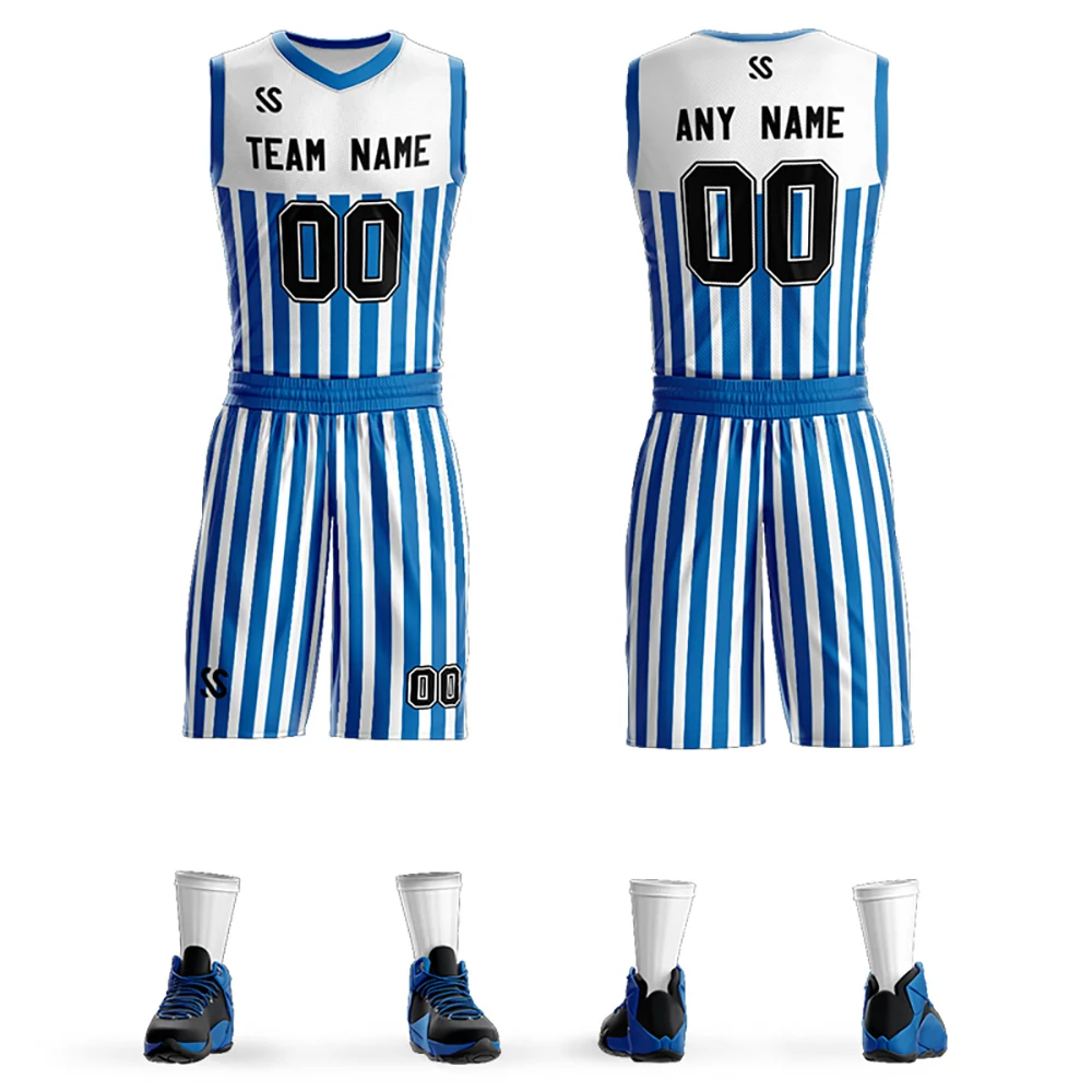 

Sublimation Custom Basketball Shirt Classic Vertical Stripes Design Basketball Jersey Set Club League Team Uniform Men/Youth