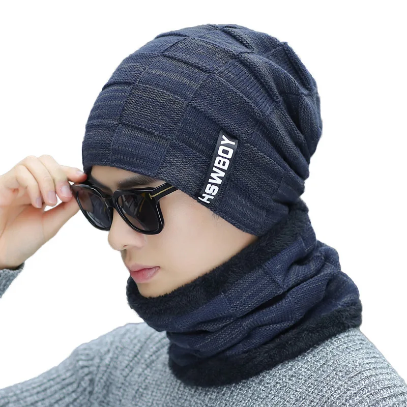 H7494 Männer Plüsch Verdickt Beanie Hut Koreanische Herbst Winter Warme Gestrickte Kappe Schal Männlichen Erwachsenen Ohr Schutz Radfahren Skullies