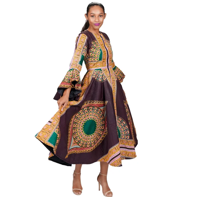 African Kenga Clothing Dress Women Ankara Style Bazin Dashiki Print Zipper Flared Sleeves Round Neck Casual Fashion Africaine