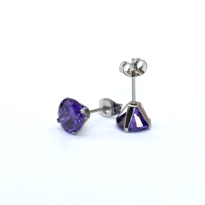 Size 3mm to 8mm 316L Stainless Steel Purple Color Round Zircon Stud Earrings  No Fade Allergy Free Brief Jewelry
