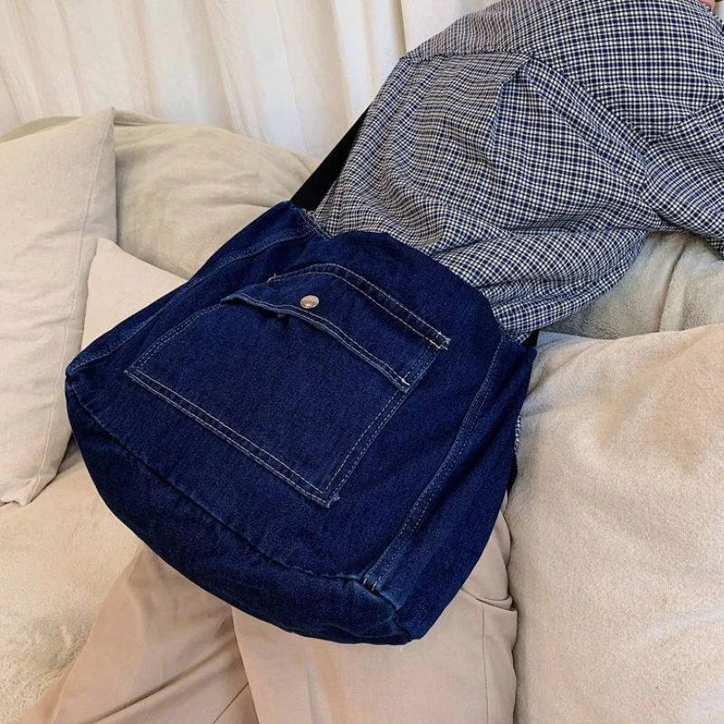 Crossbody Bags Men Denim Big Capacity Washed Vintage Retro Students Schoolbag Travel Casual Harajuku Solid Brief Hip-hop Fashion