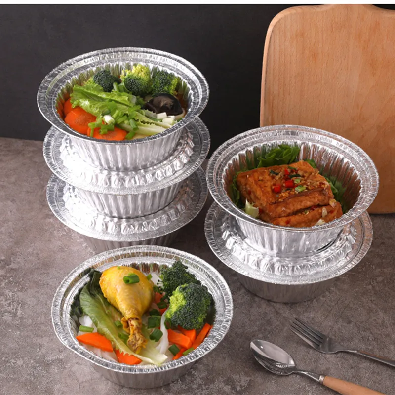 

50pcs Net red disposable tin paper bowl rice noodle food packaging lunch box round aluminum foil salad dessert cups with lids