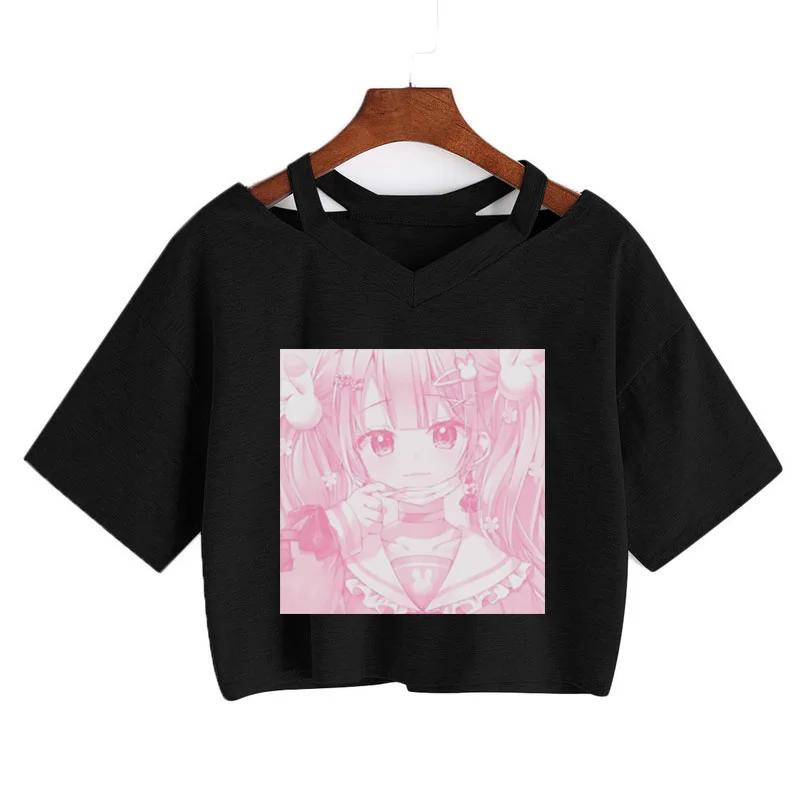 Moda donna vestiti carini kawaii stampa Tee Punk manica corta t-shirt Casual sciolto rosa Anime grafica con scollo a v Crop Top streetwear