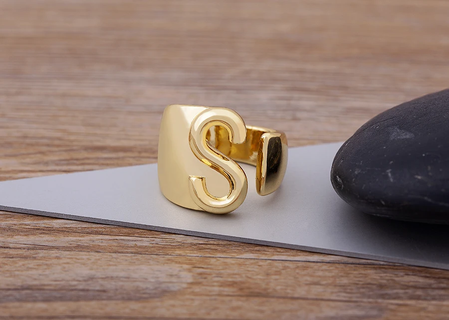 Trendy Hollow A-Z Letter Gold Color Adjustable Opening Ring Initials Name Alphabet Female Chunky Wide Party Wedding Jewelry