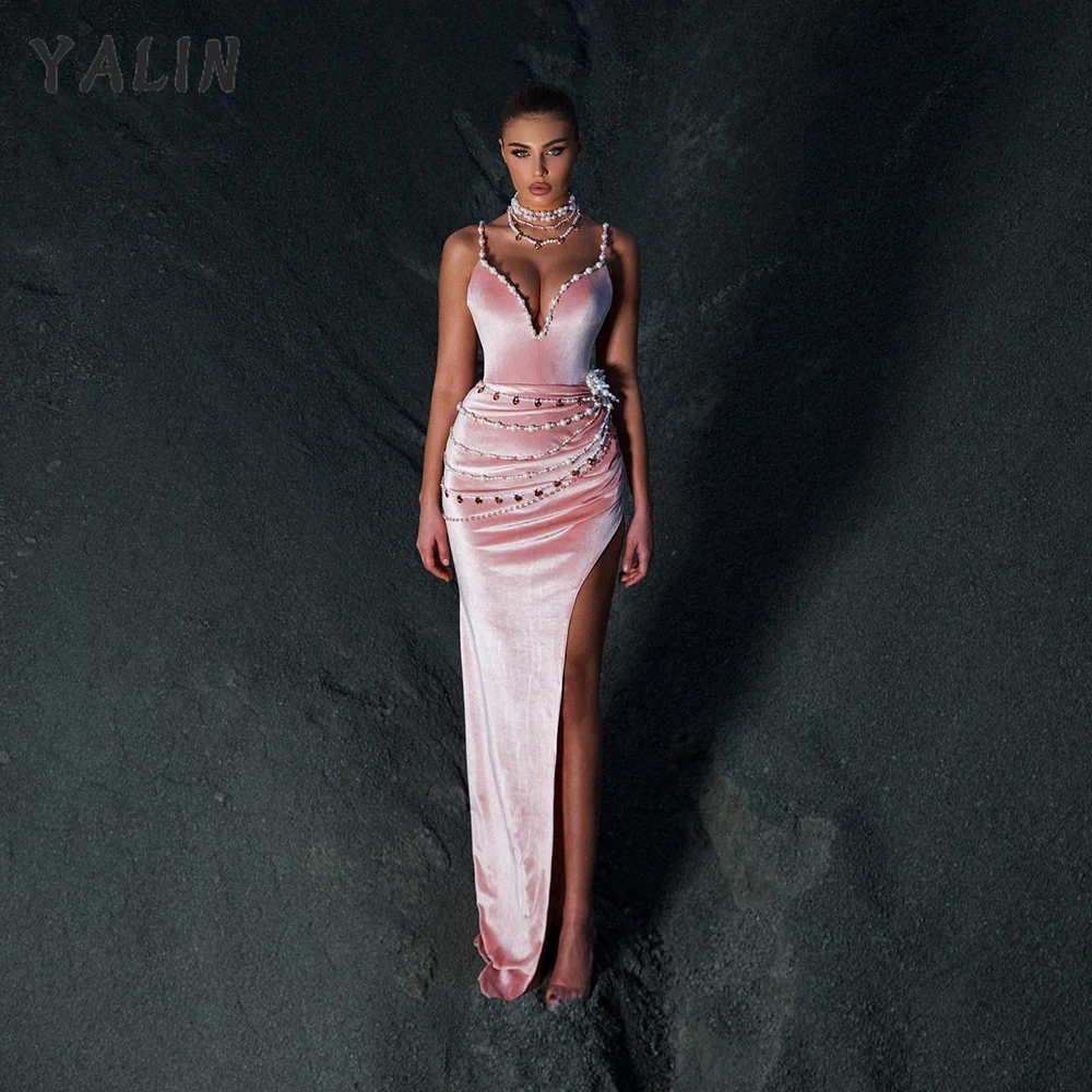 YALIN Pink Velour Mermaid Prom Dress Pearls High Split Morocco Soft Velvet Hollow Out Sleeveless  Dresses Vestido de Festa