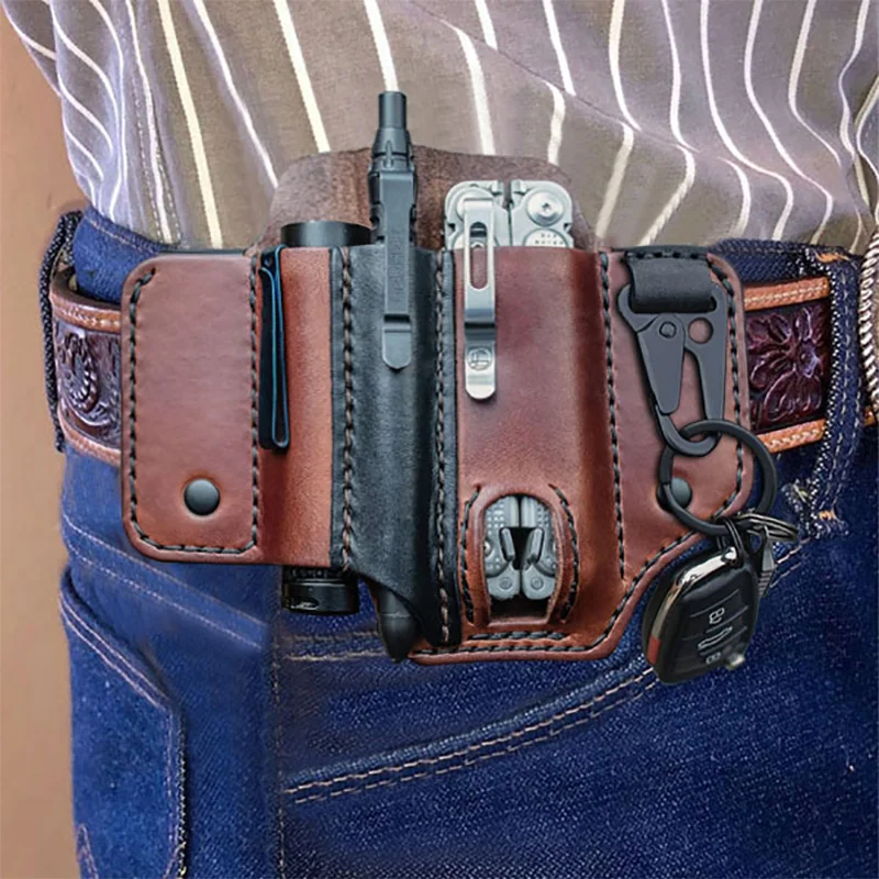 Kulit Sapi Asli Luar Ruangan EDC Taktis Multi Alat Sabuk Selubung Saku Organizer Pena Taktis Senter Tempat Kunci Holster