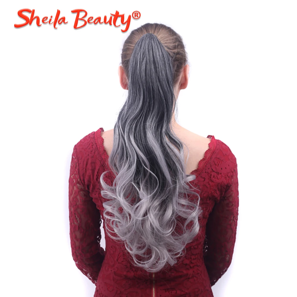 Ombre Grey Drawstring Ponytail Long Wavy Curly Overhead Ponytail Clip in Hair Extensions de cabello Natural Synthetic Hairpieces