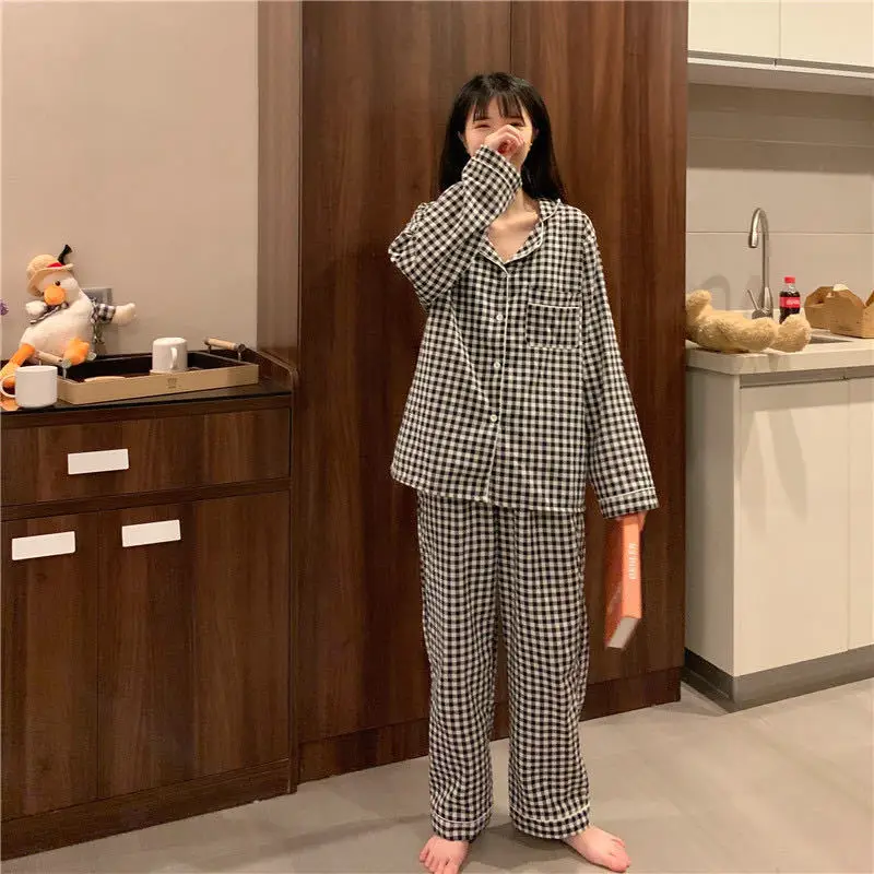 Pajama Sets Plaid Preppy Long Sleeve Soft Lovely Girls Nightwear Kawaii Loose Trendy Daily 2 Piece Sleepwear Korean Style Tender