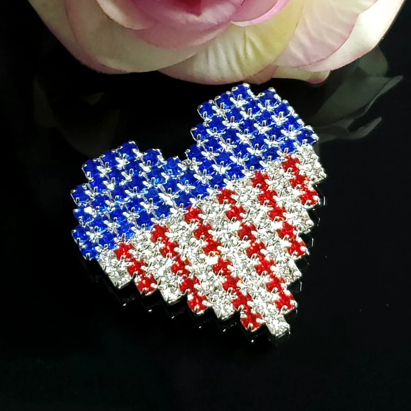 

USA Patriotism Brooch Pin Souvenir Gift Handmade Heart Lapel Pin in Sliver Tone Unique Rhinestone Jewelry&Accessories WHOLESALE